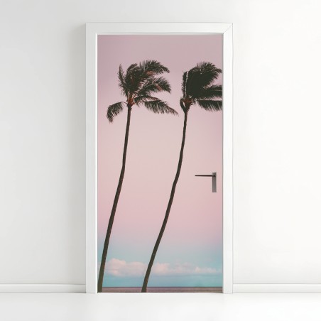 Adesivo per porta paesaggio tropicale minimal con palme al tramonto • Wallissimo®