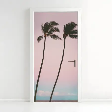Adesivo per porta paesaggio tropicale minimal con palme al tramonto • Wallissimo®