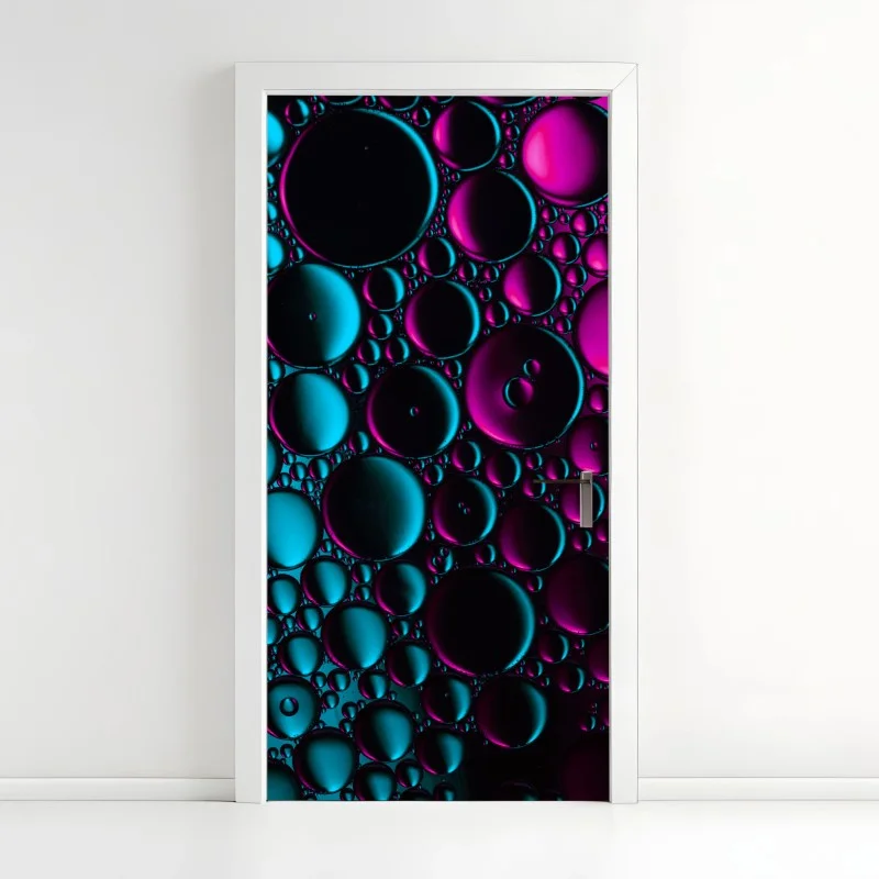 Adesivo per porta bolle astratte in neon turchese e magenta