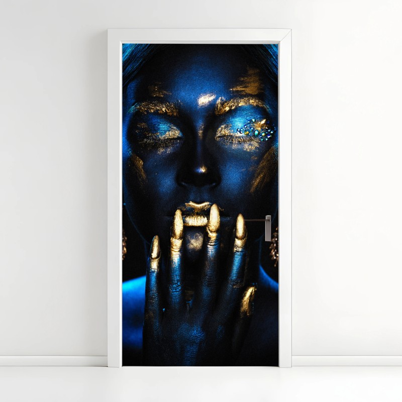 Adesivo per porta ritratto glamour blu e oro con dettagli dorati