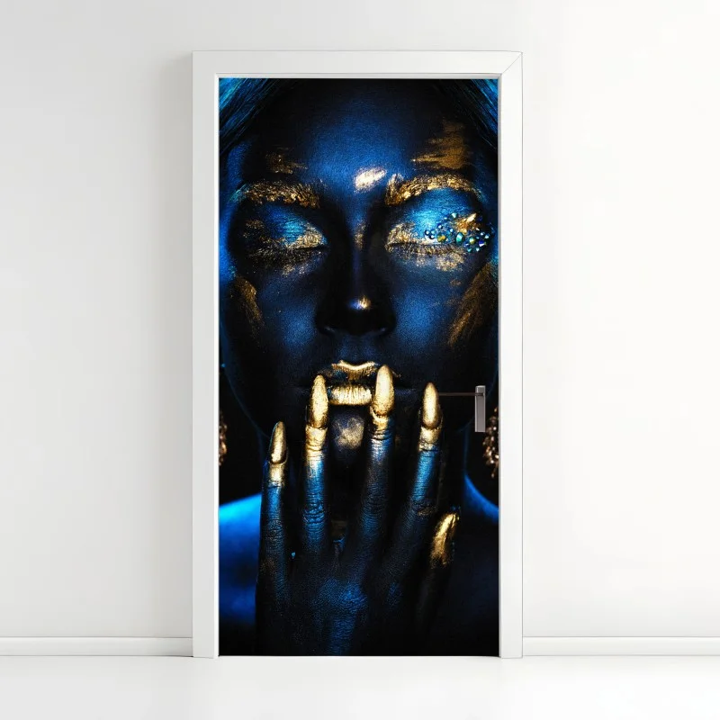 Adesivo per porta ritratto glamour blu e oro con dettagli dorati