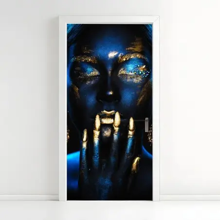 Adesivo per porta ritratto glamour blu e oro con dettagli dorati • Wallissimo®