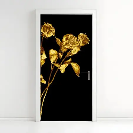 Adesivo per porta rose dorate su sfondo nero • Wallissimo®