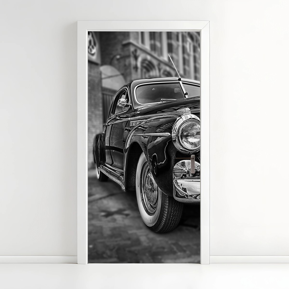 Adesivo per porta eleganza automobilistica d'epoca in bianco e nero • Wallissimo®