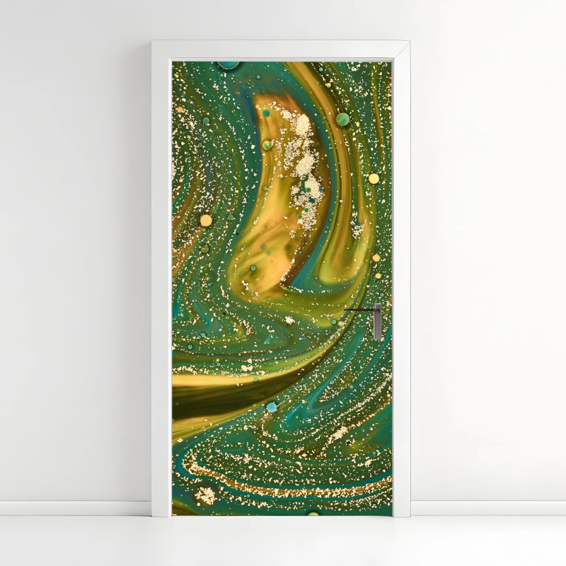 Adesivo per porta marmo fluido verde e oro