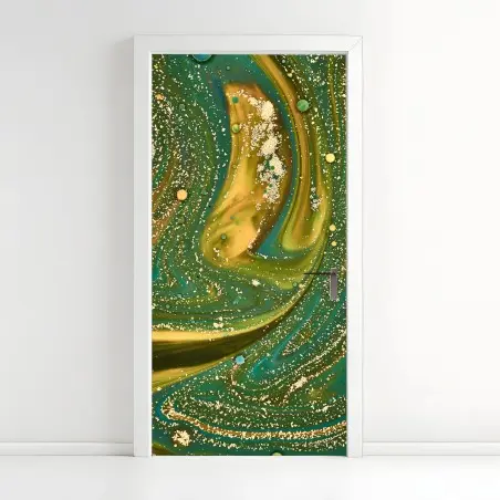 Adesivo per porta marmo fluido verde e oro • Wallissimo®