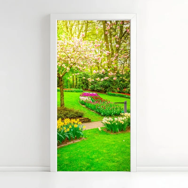 Adesivo per porta giardino primaverile in fiore