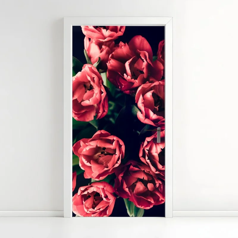 Adesivo per porta mazzo di tulipani rosa su sfondo scuro