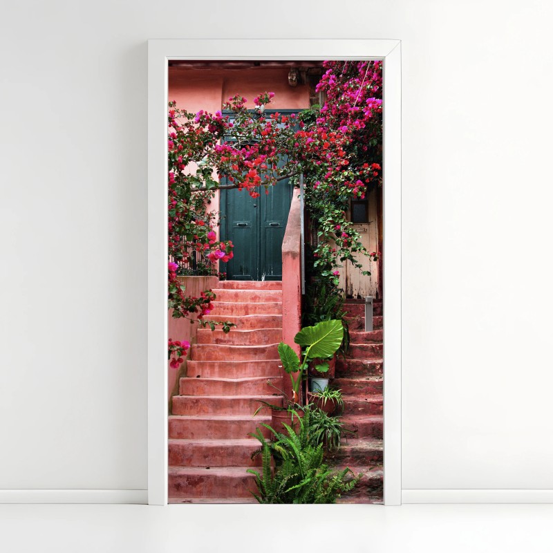 Adesivo per porta portale fiorito su gradini rosa
