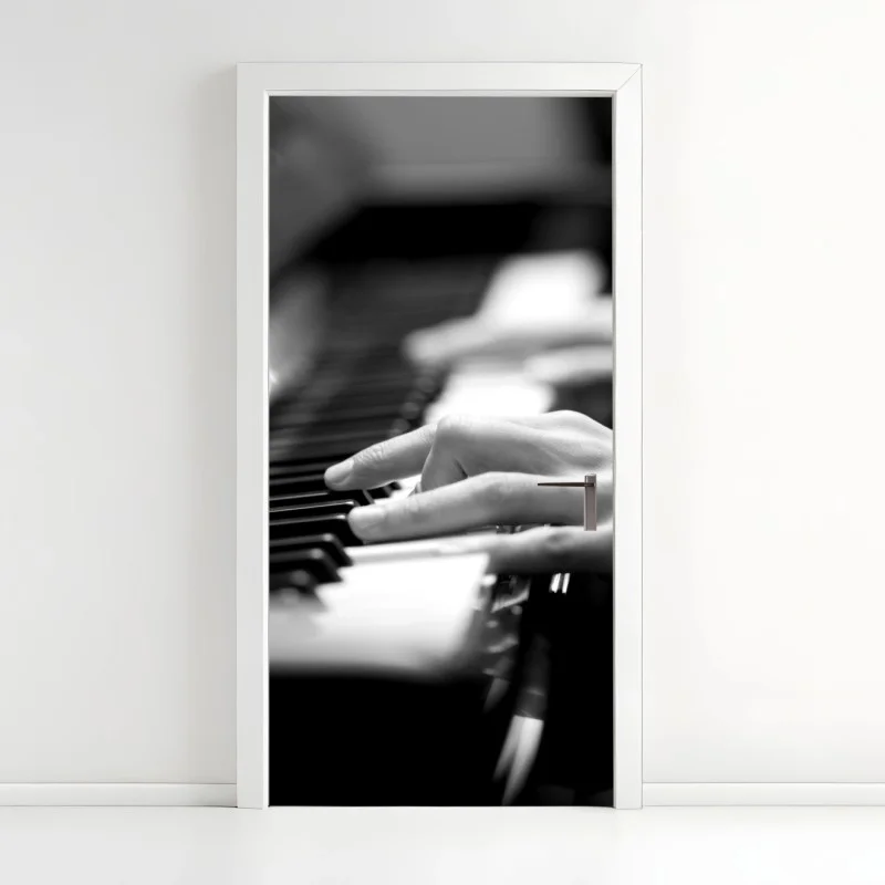 Adesivo per porta eleganza al pianoforte in bianco e nero