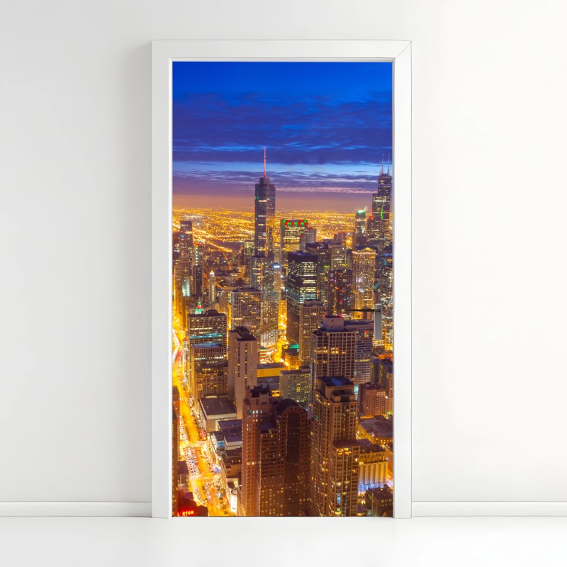 Adesivo per porta skyline notturno di Chicago al crepuscolo