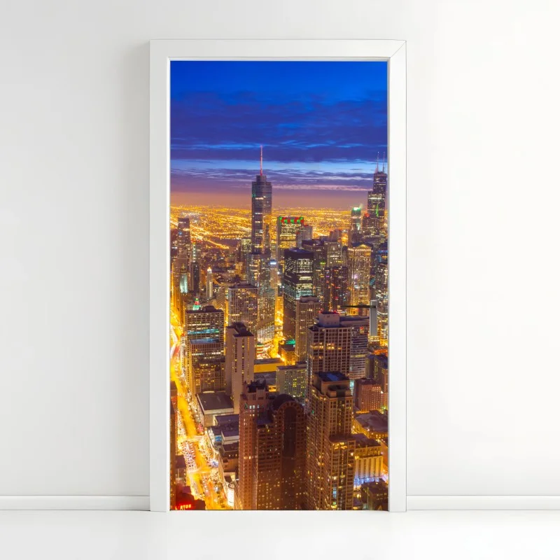 Adesivo per porta skyline notturno di Chicago al crepuscolo