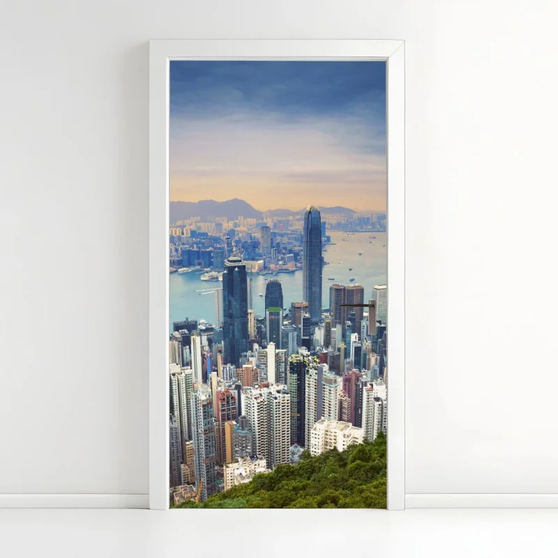 Adesivo per porta vista panoramica di Hong Kong al tramonto