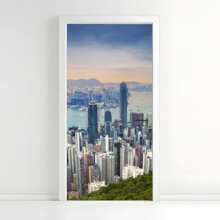 Adesivo per porta vista panoramica di Hong Kong al tramonto • Wallissimo®
