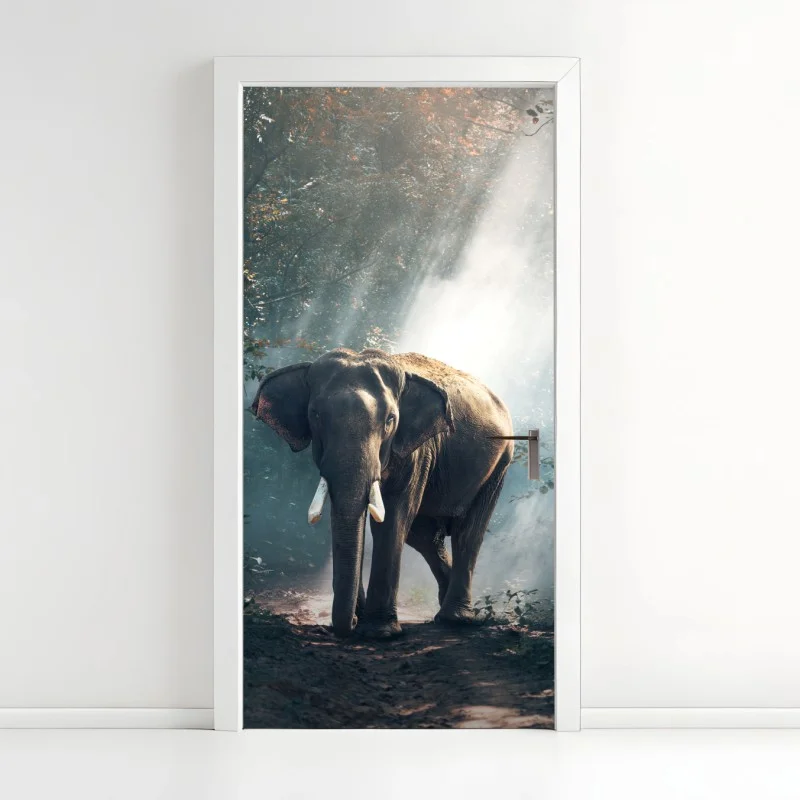 Adesivo per porta elefante maestoso nella foresta illuminata