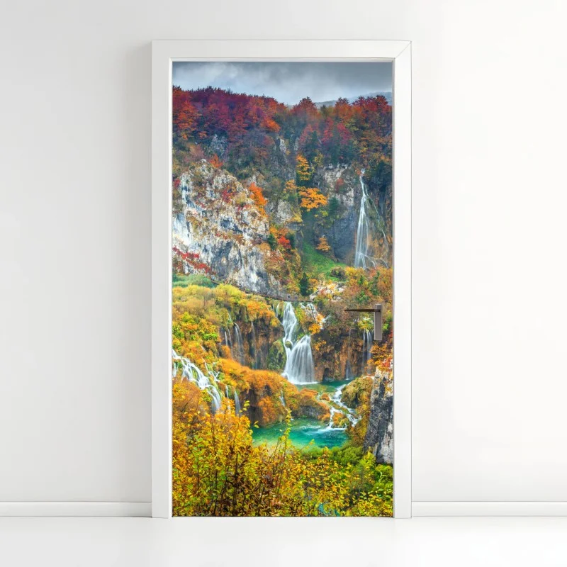 Adesivo per porta cascate d'autunno a Plitvice