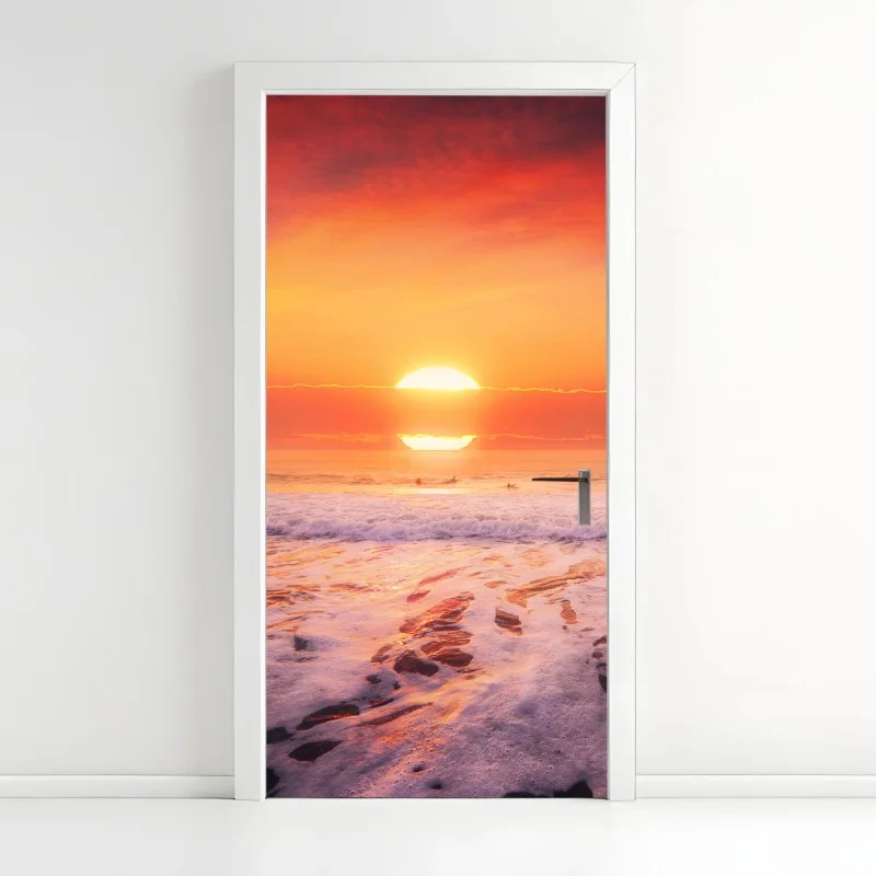 Adesivo per porta tramonto dorato sulla spiaggia