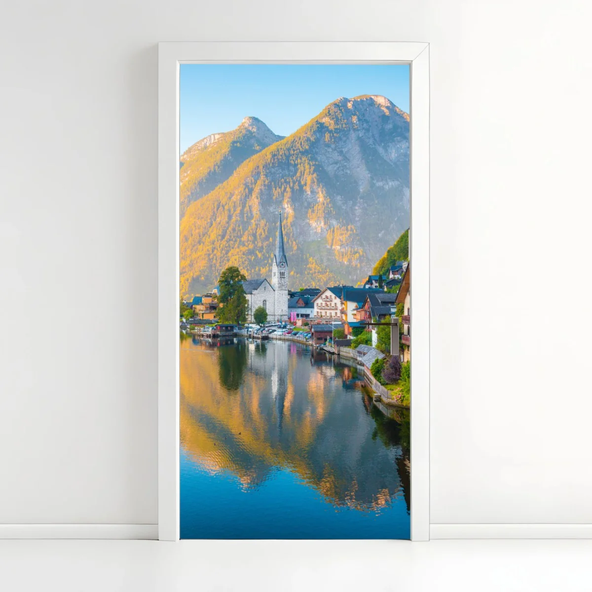 Adesivo per porta panorama di Hallstatt all'alba • Wallissimo® Adesivo per porta panorama di Hallstatt all'alba • Wallissimo®