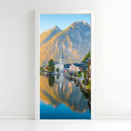 Adesivo per porta panorama di Hallstatt all'alba • Wallissimo®
