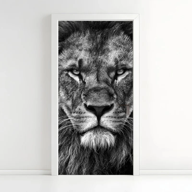 Adesivo per porta ritratto maestoso di leone in bianco e nero