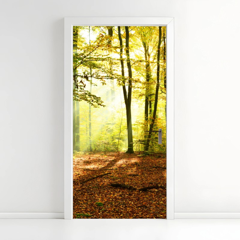 Adesivo per porta mattina d'autunno nel bosco dorato