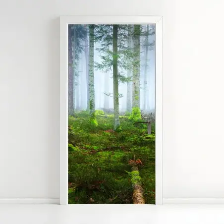 Adesivo per porta foresta nebbiosa con tappeto di muschio, Alsazia • Wallissimo®