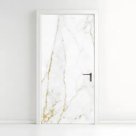 Adesivo per porta marmo bianco con venature dorate • Wallissimo®