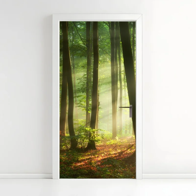 Adesivo per porta mattina dorata nel bosco