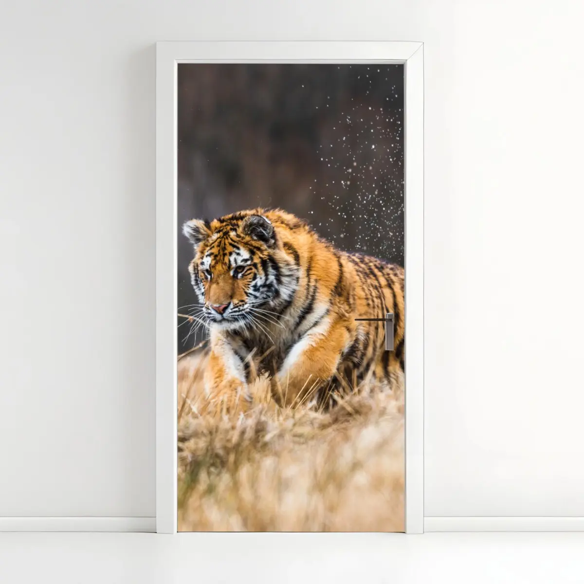 Adesivo per porta tigre siberiana in corsa tra le betulle • Wallissimo®