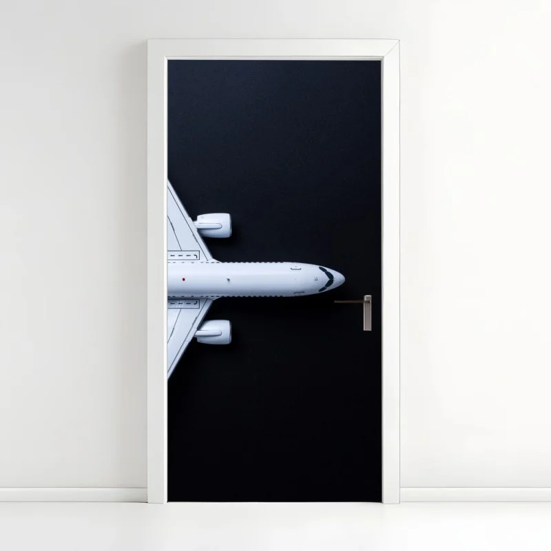 Adesivo per porta silhouette di aereo minimalista su sfondo scuro