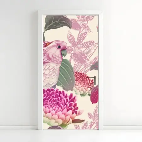 Adesivo per porta cacatua rosa su motivo botanico elegante • Wallissimo®