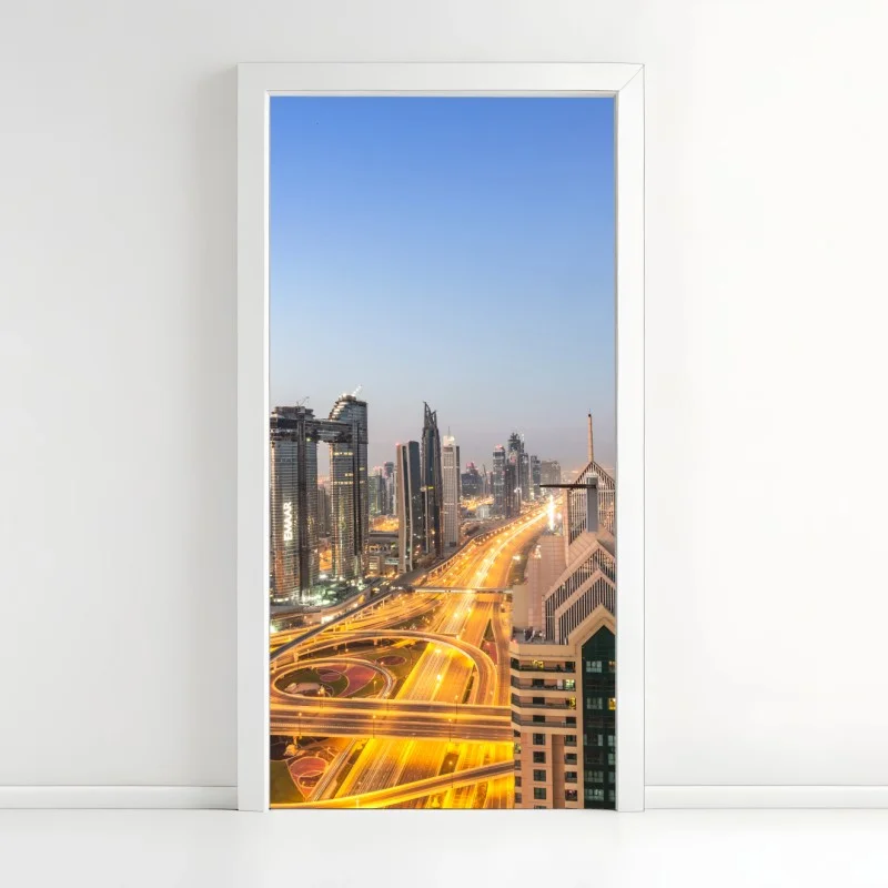 Adesivo per porta skyline al crepuscolo di Dubai con Burj Khalifa