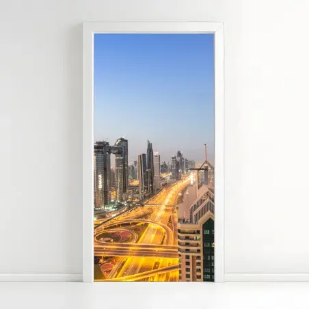 Adesivo per porta skyline al crepuscolo di Dubai con Burj Khalifa • Wallissimo®