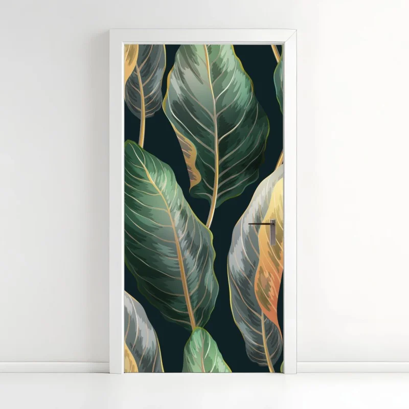 Adesivo per porta motivo tropicale vintage con foglie esotiche