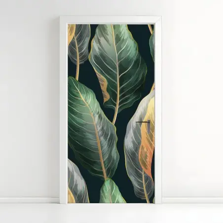 Adesivo per porta motivo tropicale vintage con foglie esotiche • Wallissimo®
