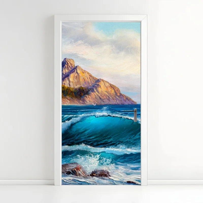 Adesivo per porta onda turchese sulle scogliere al tramonto