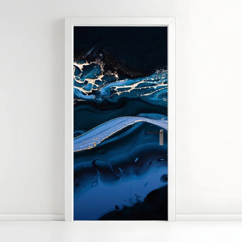 Adesivo per porta onde astratte in blu e oro