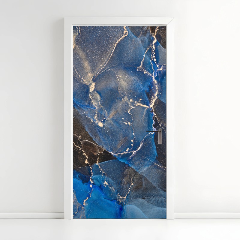 Adesivo per porta marmo liquido blu e oro