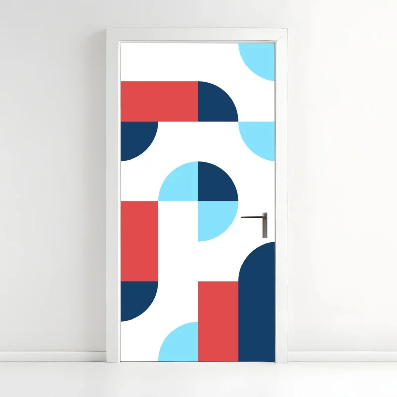 Adesivo per porta motivo geometrico moderno blu e corallo