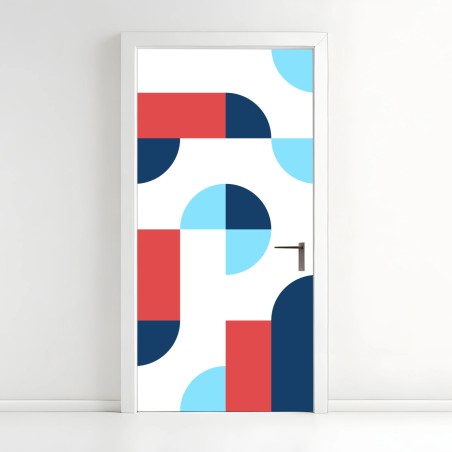 Adesivo per porta motivo geometrico moderno blu e corallo • Wallissimo®