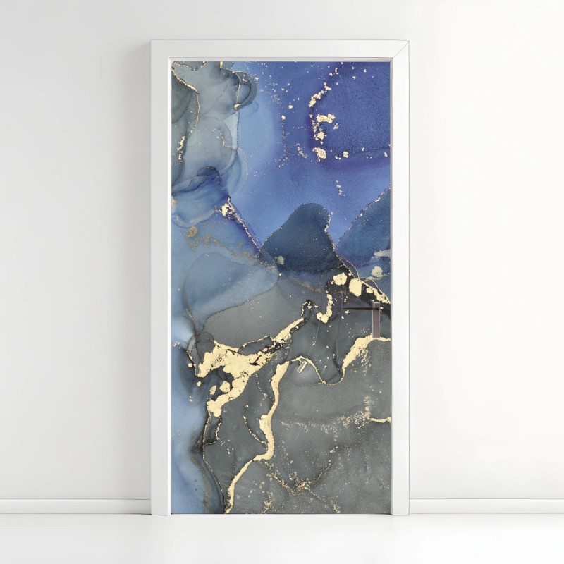 Adesivo per porta paesaggio liquido blu e oro