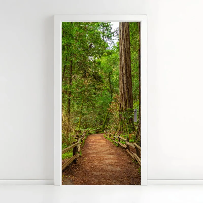 Adesivo per porta sentiero nella foresta di sequoie