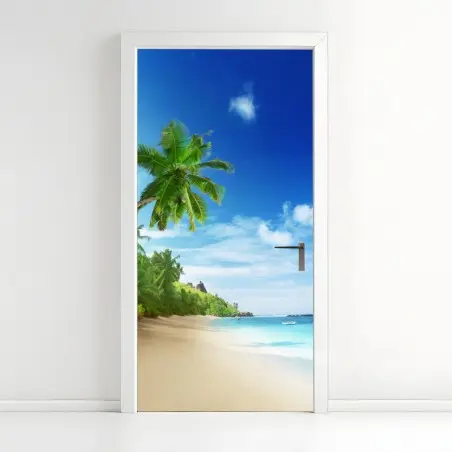 Adesivo per porta tramonto tropicale a Mahe, Seychelles • Wallissimo®