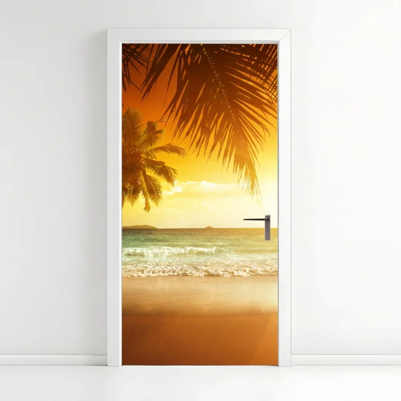 Adesivo per porta tramonto sui Caraibi con palme