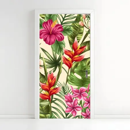 Adesivo per porta motivo tropicale fiorito • Wallissimo®