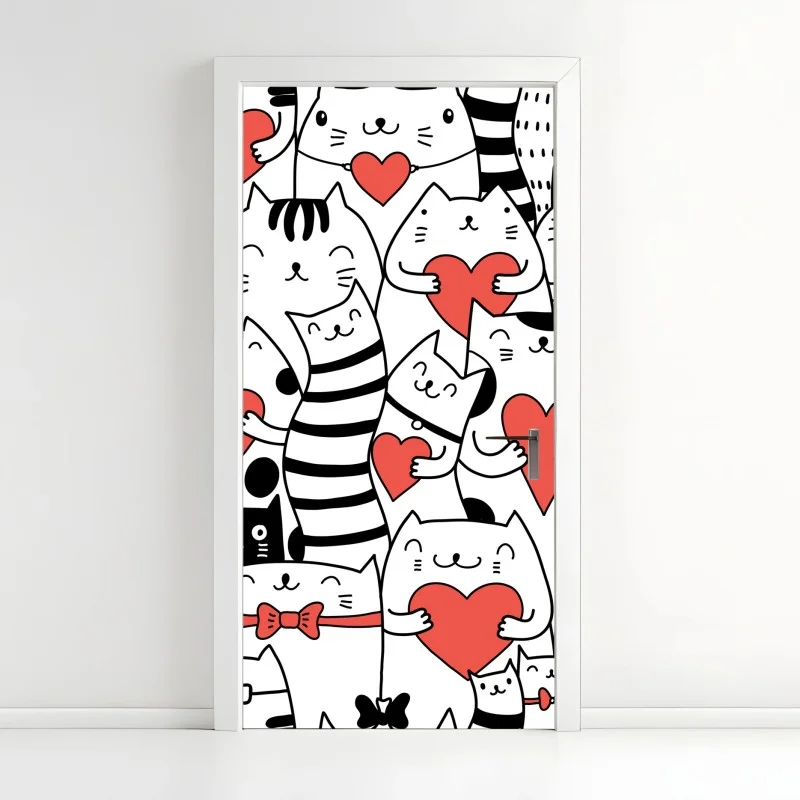 Adesivo per porta motivo di gatti con cuori adorabile