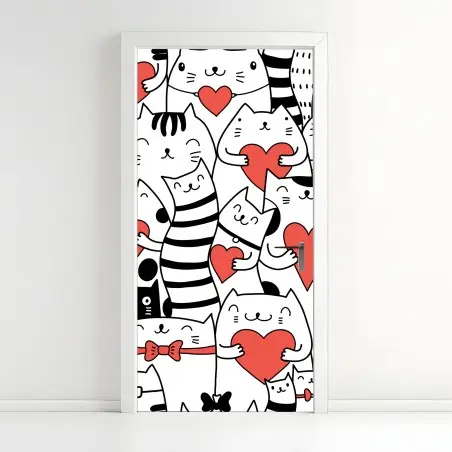 Adesivo per porta motivo di gatti con cuori adorabile • Wallissimo®