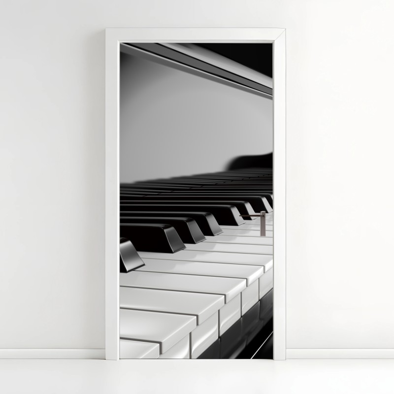 Adesivo per porta eleganza in bianco e nero: tastiera di pianoforte