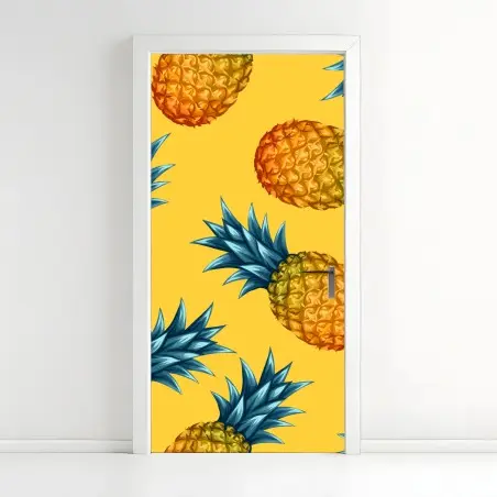 Adesivo per porta ananas tropicale su sfondo giallo • Wallissimo®