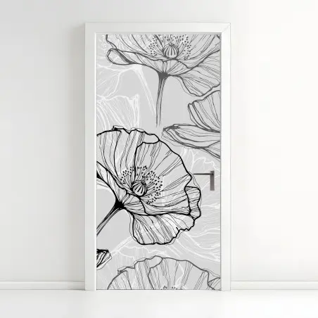 Adesivo per porta papaveri stilizzati in bianco e nero • Wallissimo®